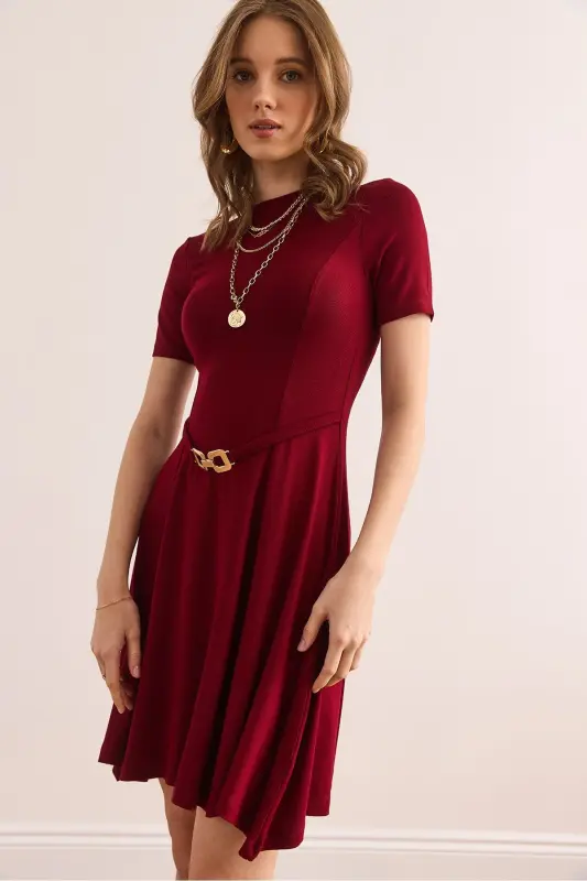 Women's Burgundy Self-Belt Detailed Soft Texture - 7