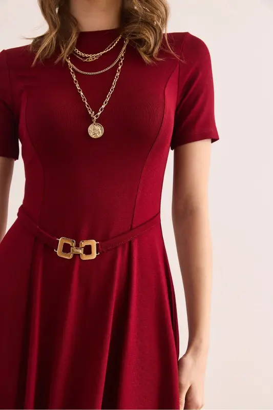 Women's Burgundy Self-Belt Detailed Soft Texture - 8