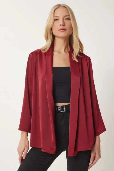 Women's Burgundy Shawl Collar Chic Satin Faced Jacket MC00291 - HAPPINESS İSTANBUL