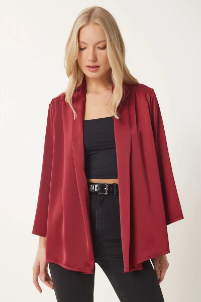 Women's Burgundy Shawl Collar Chic Satin Faced Jacket MC00291 - HAPPINESS İSTANBUL (1)