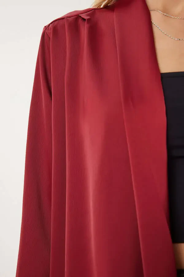 Women's Burgundy Shawl Collar Chic Satin Faced Jacket MC00291 - 3