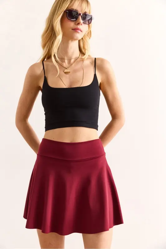 Women's Burgundy Shorts Mini Flared Skirt ETK-19000318-Bor - 4