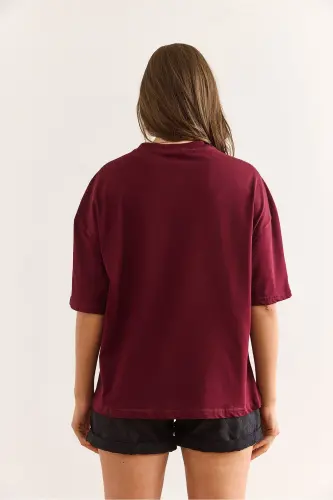Women's Burgundy Shoulder Gold Buttoned Cotton T-Shirt TSH-19 - 2
