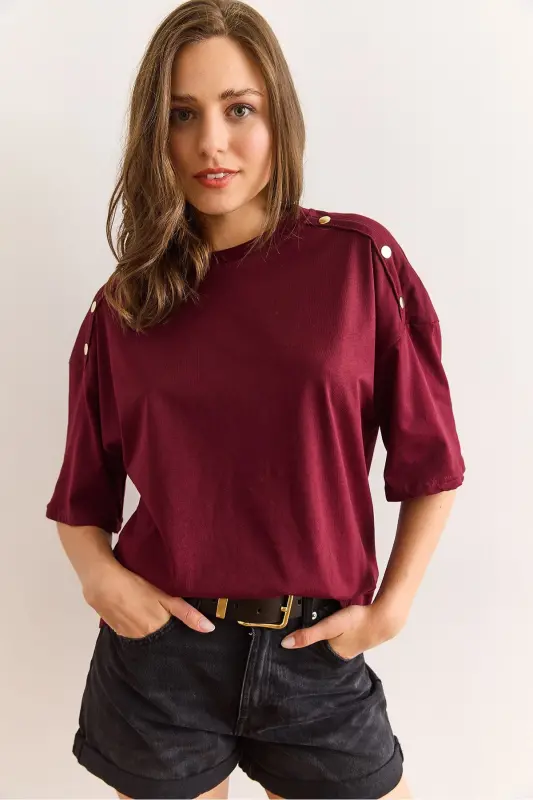 Women's Burgundy Shoulder Gold Buttoned Cotton T-Shirt TSH-19 - 3