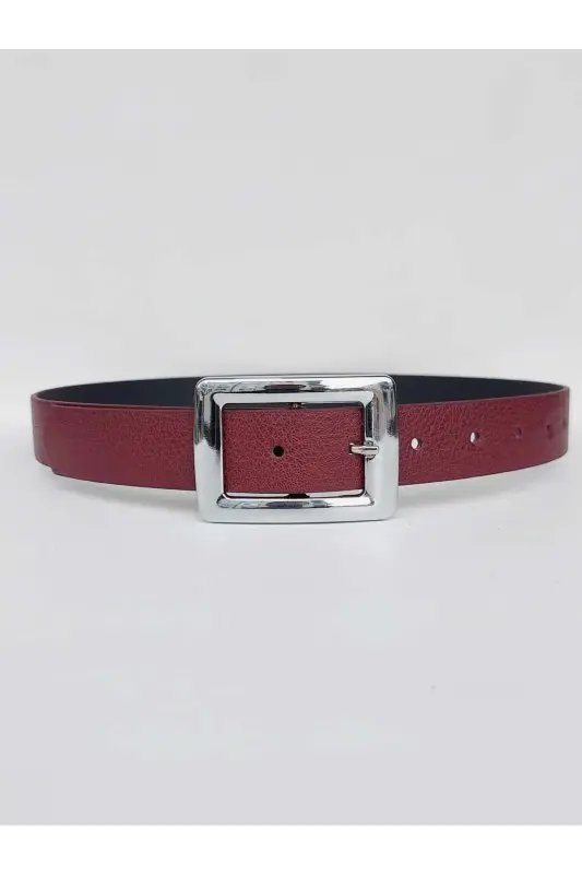 Women's Burgundy Silver Buckle Belt-Burgundy - 1