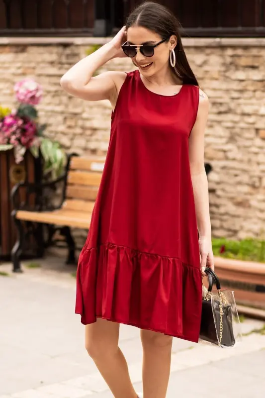 Women's Burgundy Sleeveless Ruffled Skirt Dress ARM-18Y001156 - 2