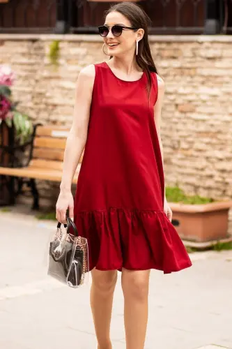 Women's Burgundy Sleeveless Ruffled Skirt Dress ARM-18Y001156 - 3