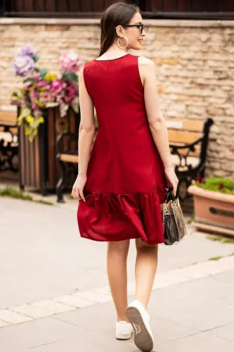 Women's Burgundy Sleeveless Ruffled Skirt Dress ARM-18Y001156 - 4