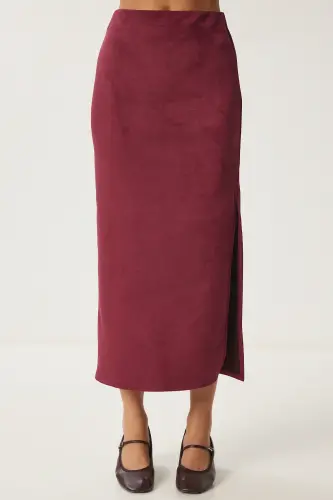Women's Burgundy Slit Long Suede Woven Skirt MC00292-Burgundy - 3