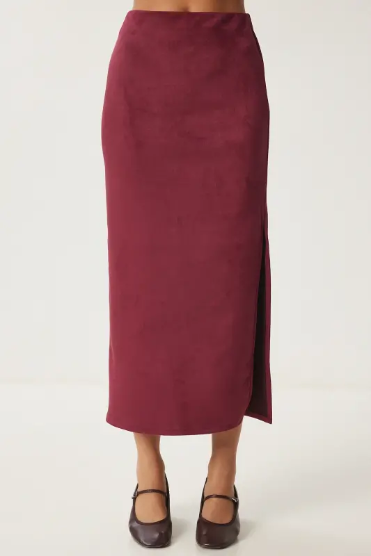 Women's Burgundy Slit Long Suede Woven Skirt MC00292-Burgundy - 3