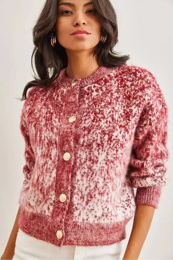 Women's Burgundy Soft Textured Ombre Chunky Cardigan HRK-19000274 - 1