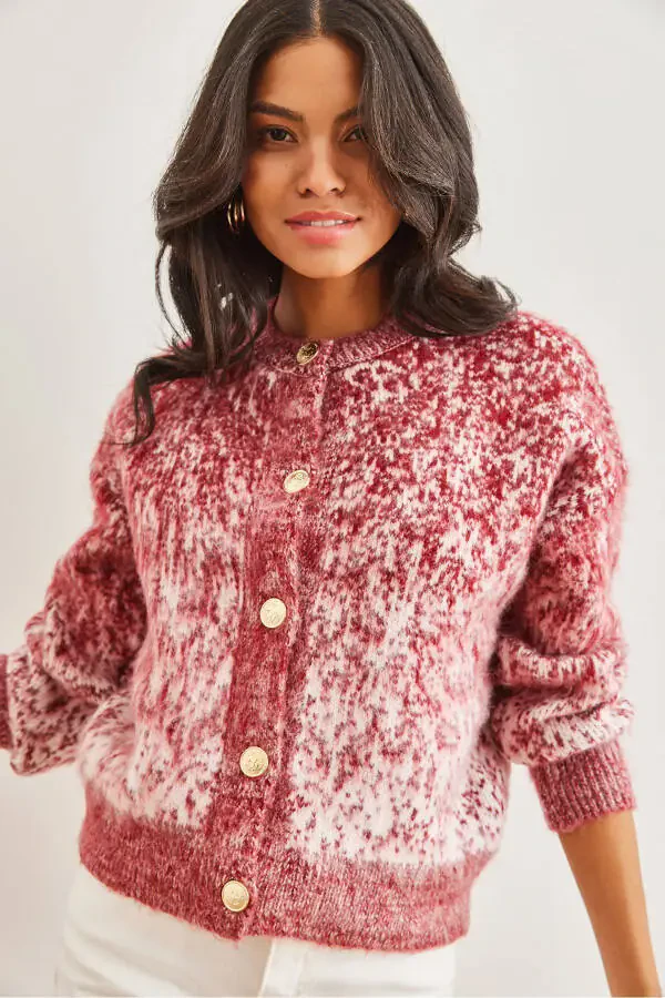 Women's Burgundy Soft Textured Ombre Chunky Cardigan HRK-19000274 - 5