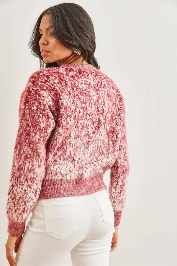 Women's Burgundy Soft Textured Ombre Chunky Cardigan HRK-19000274 - 7