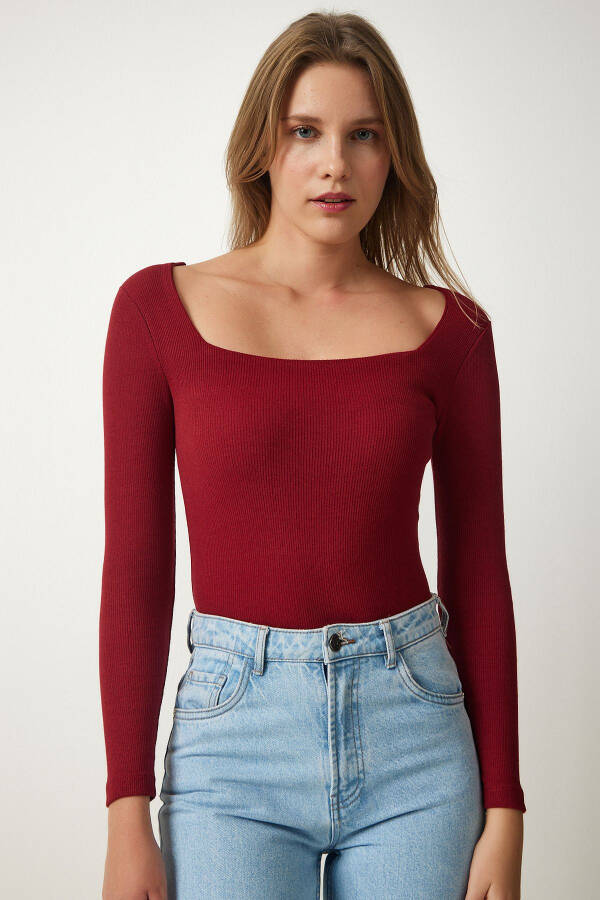 Women's Burgundy Square Neck Ribbed Knit Blouse GT00052 - 3