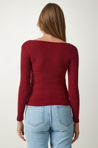 Women's Burgundy Square Neck Ribbed Knit Blouse GT00052 - 5