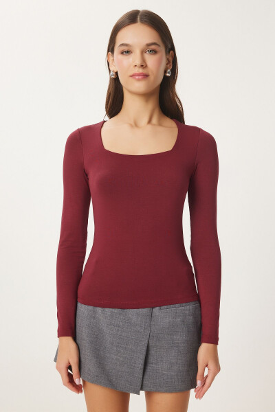 Women's Burgundy Square Neck Viscose Knit Blouse RX00040 - 3