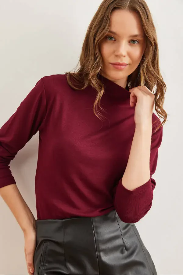 Women's Burgundy Stand Collar Fluid Soft Touch Blouse BLZ-19002758 - 1