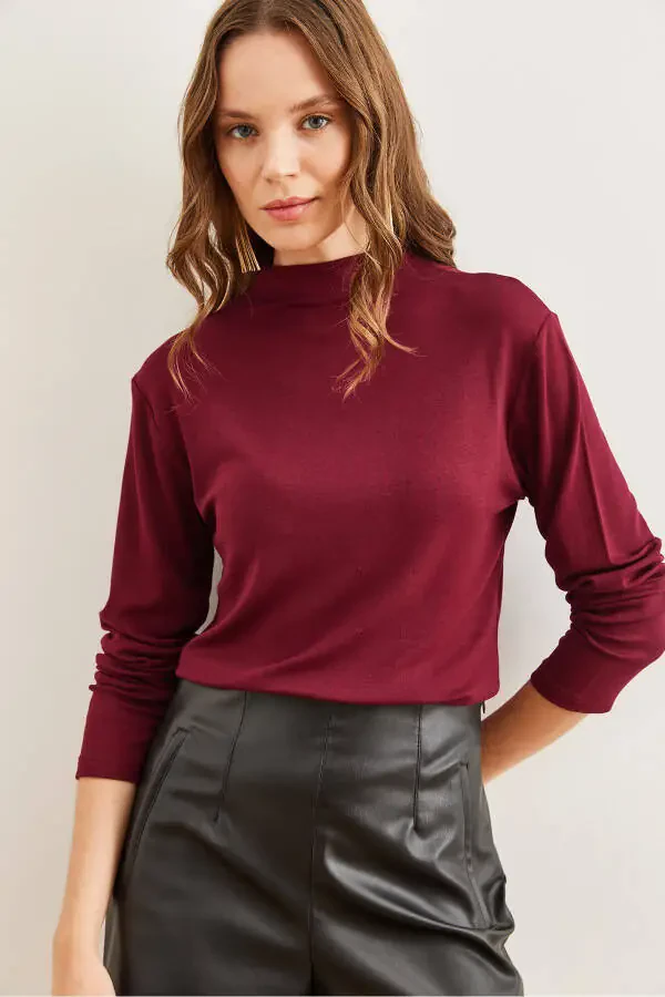 Women's Burgundy Stand Collar Fluid Soft Touch Blouse BLZ-19002758 - 3