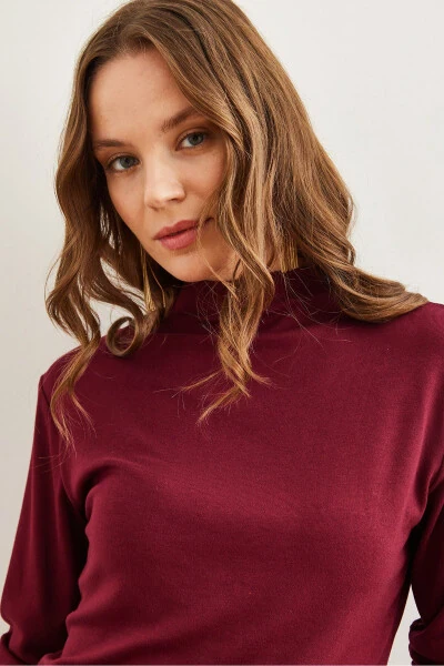 Women's Burgundy Stand Collar Fluid Soft Touch Blouse BLZ-19002758 - 5