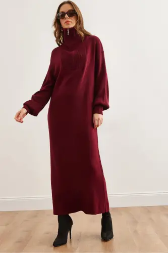Women's Burgundy Stand Collar Zippered Maxi Knitted Dress - 1