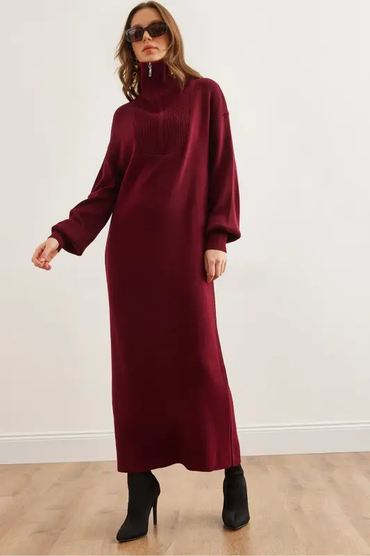 Women's Burgundy Stand Collar Zippered Maxi Knitted Dress - 1