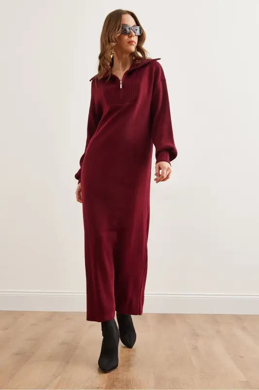 Women's Burgundy Stand Collar Zippered Maxi Knitted Dress - 2