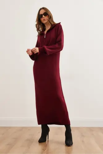 Women's Burgundy Stand Collar Zippered Maxi Knitted Dress - 3