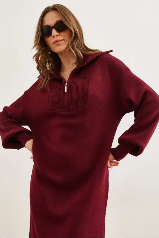 Women's Burgundy Stand Collar Zippered Maxi Knitted Dress - 4