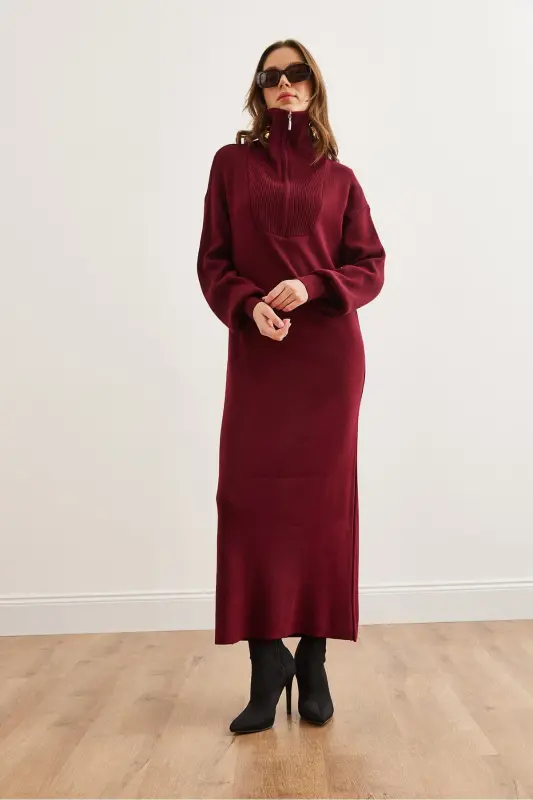 Women's Burgundy Stand Collar Zippered Maxi Knitted Dress - 5