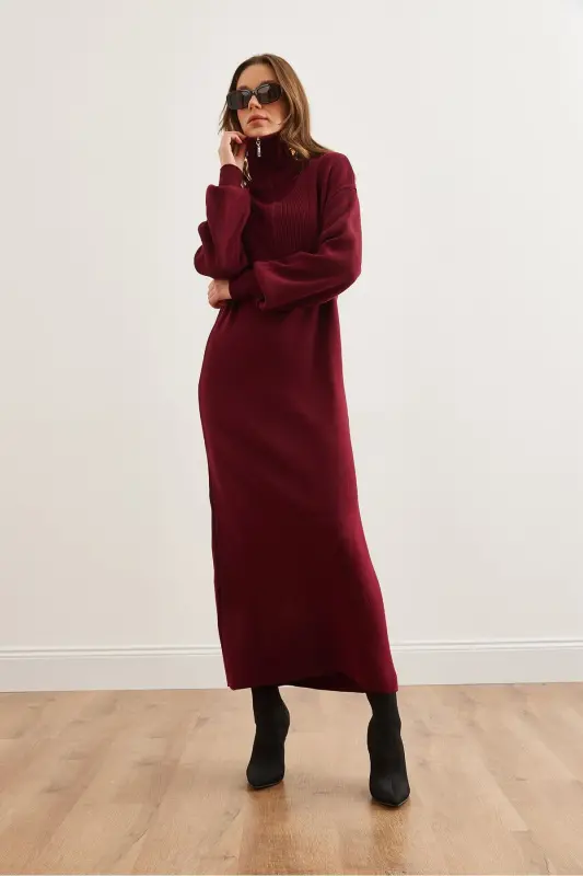 Women's Burgundy Stand Collar Zippered Maxi Knitted Dress - 6