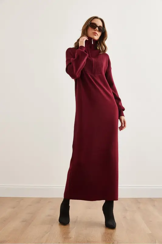 Women's Burgundy Stand Collar Zippered Maxi Knitted Dress - 7