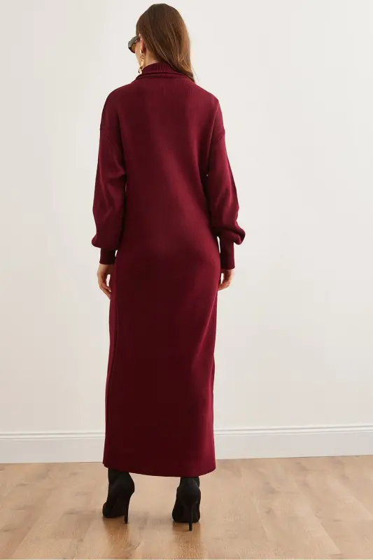 Women's Burgundy Stand Collar Zippered Maxi Knitted Dress - 8