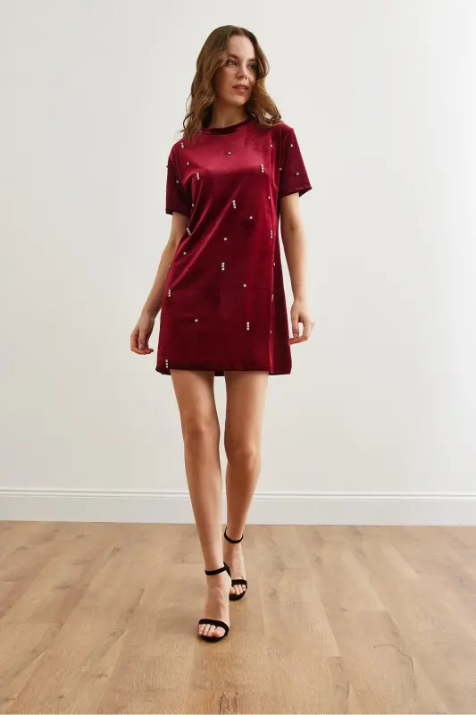 Women's Burgundy Stone Detailed Crew Neck Mini Velvet - 2