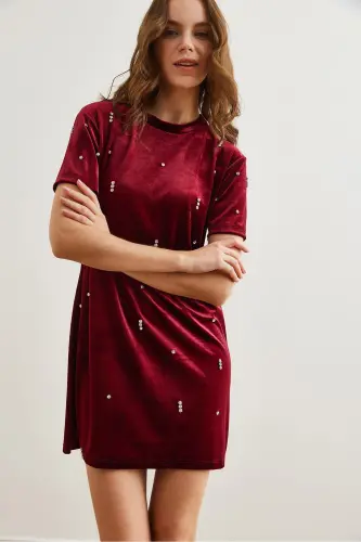 Women's Burgundy Stone Detailed Crew Neck Mini Velvet - 3