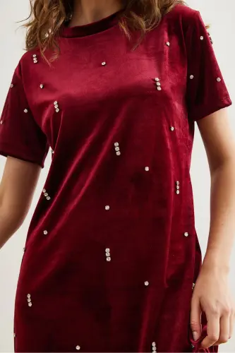 Women's Burgundy Stone Detailed Crew Neck Mini Velvet - 5
