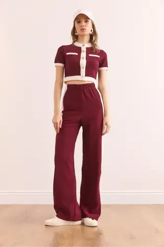Women's Burgundy Striped Ribbed Set TKM-1900 - OLALOOK (1)
