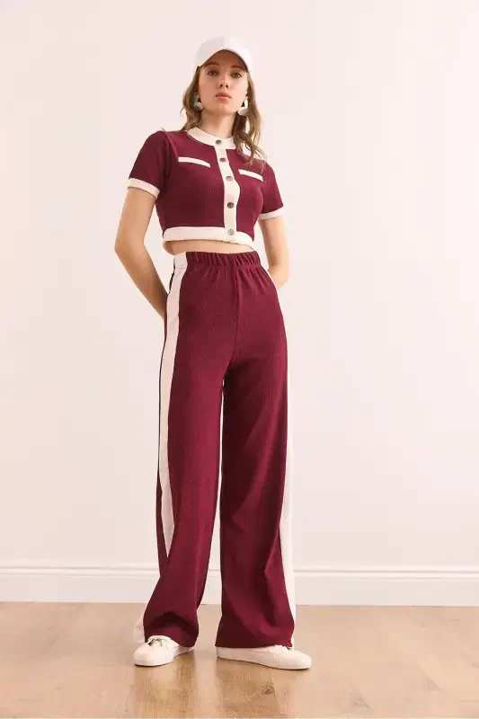 Women's Burgundy Striped Ribbed Set TKM-1900 - 3