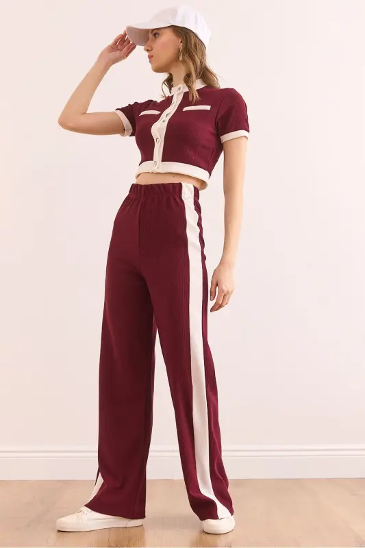Women's Burgundy Striped Ribbed Set TKM-1900 - OLALOOK