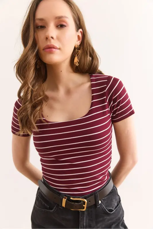 Women's Burgundy Striped Square Neck Flexible Cotton T-Shirt TSH-19000886-Burgundy - OLALOOK