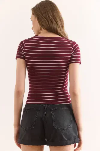Women's Burgundy Striped Square Neck Flexible Cotton T-Shirt TSH-19000886-Burgundy - 2