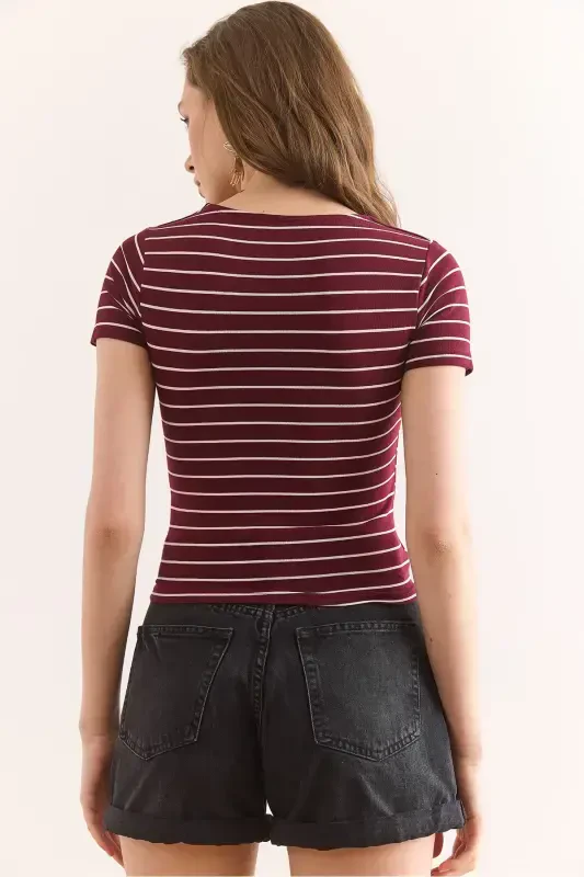 Women's Burgundy Striped Square Neck Flexible Cotton T-Shirt TSH-19000886-Burgundy - 2