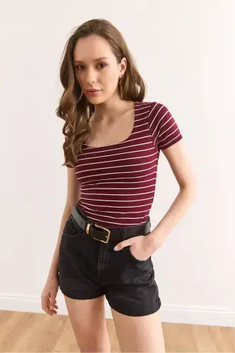 Women's Burgundy Striped Square Neck Flexible Cotton T-Shirt TSH-19000886-Burgundy - 3