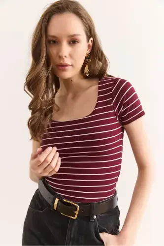 Women's Burgundy Striped Square Neck Flexible Cotton T-Shirt TSH-19000886-Burgundy - 4