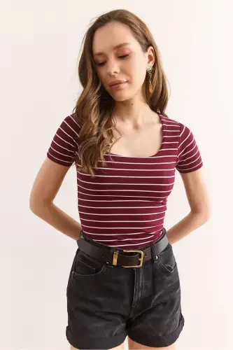 Women's Burgundy Striped Square Neck Flexible Cotton T-Shirt TSH-19000886-Burgundy - 5