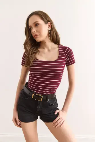 Women's Burgundy Striped Square Neck Flexible Cotton T-Shirt TSH-19000886-Burgundy - 6