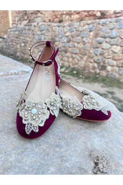 Women's Burgundy Suede Gold Lace Bridal Henna Ballerina Flats - 1