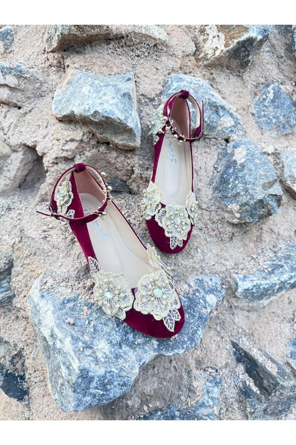 Women's Burgundy Suede Gold Lace Bridal Henna Ballerina Flats - 2