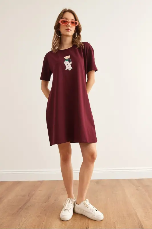 Women's Burgundy Teddy Bear Printed Tunic Dress ELB-190023 - 2