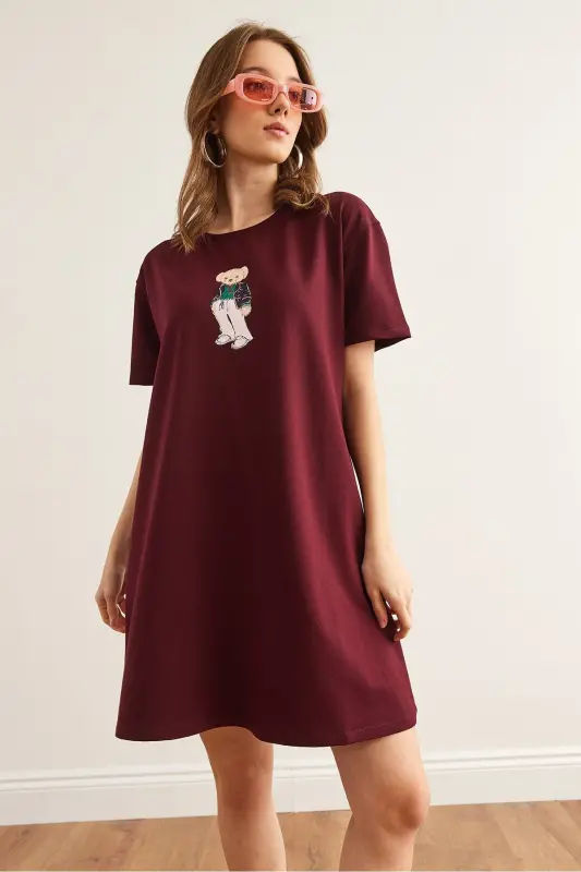 Women's Burgundy Teddy Bear Printed Tunic Dress ELB-190023 - 3