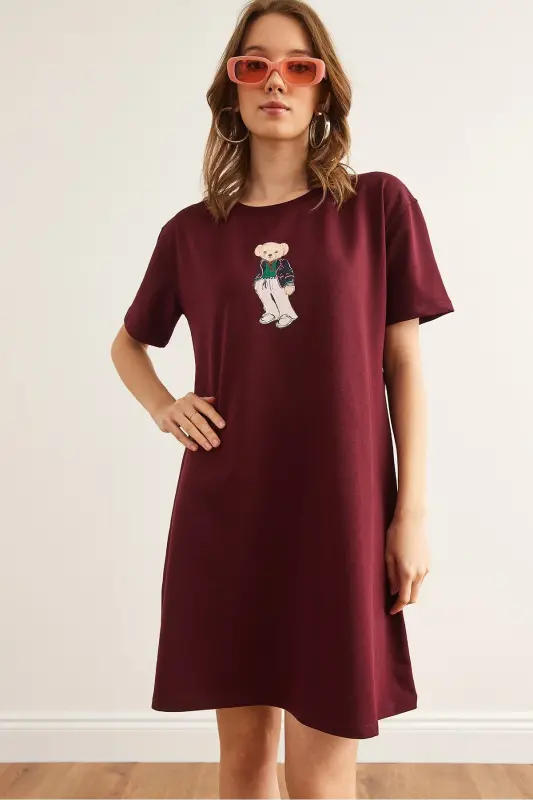 Women's Burgundy Teddy Bear Printed Tunic Dress ELB-190023 - 4